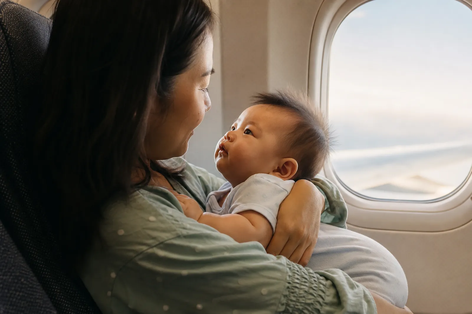 Un parent tient un bébé dans ses bras près d'un hublot d'avion, ambiance calme et lumineuse.