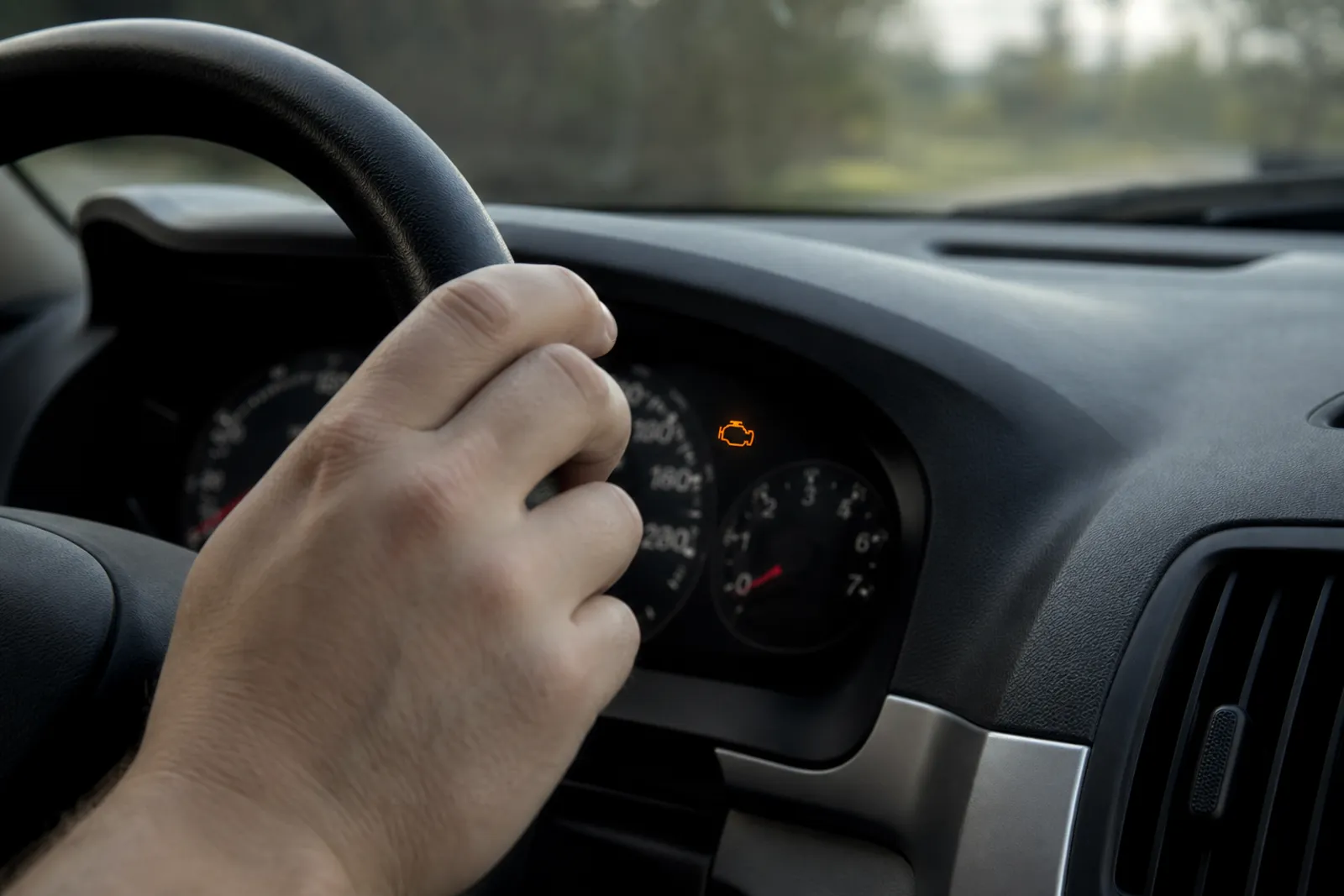 Gros plan sur un tableau de bord de voiture où le voyant moteur orange est allumé, mains du conducteur sur le volant.