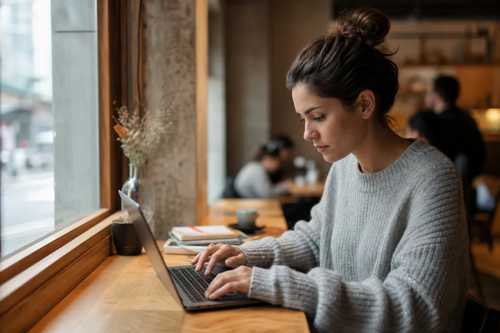 Une personne utilise son ordinateur portable dans un café avec une connexion wifi publique, ambiance calme et lumineuse.